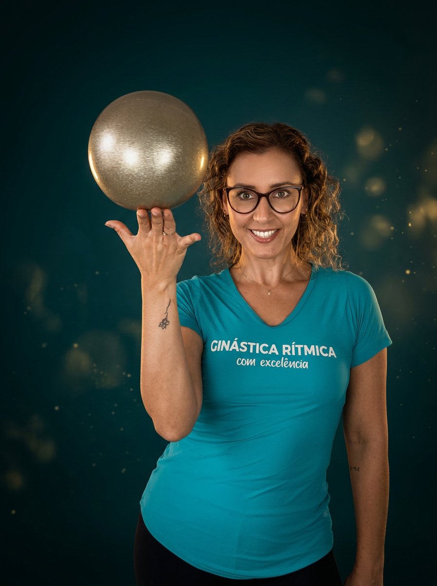 Especialista em Ginástica Rítmica segurando uma bola dourada